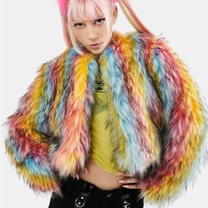 Horoscopez/Dolls Kill Rainbow Faux Fur Jacket - M